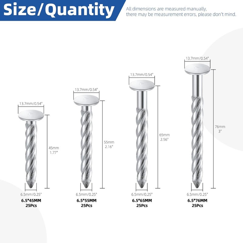 Glarks 100pcs 6.5 x 45/55/65/76mm Thread Twist Nail Kit, Zinc Plated Cement Nails, Steel Nail, Galvanized Solid Nail, Wall Pins Tacks Nails for Cinder Block, Concrete Walls, Cement Board, Woodworking - Image 2